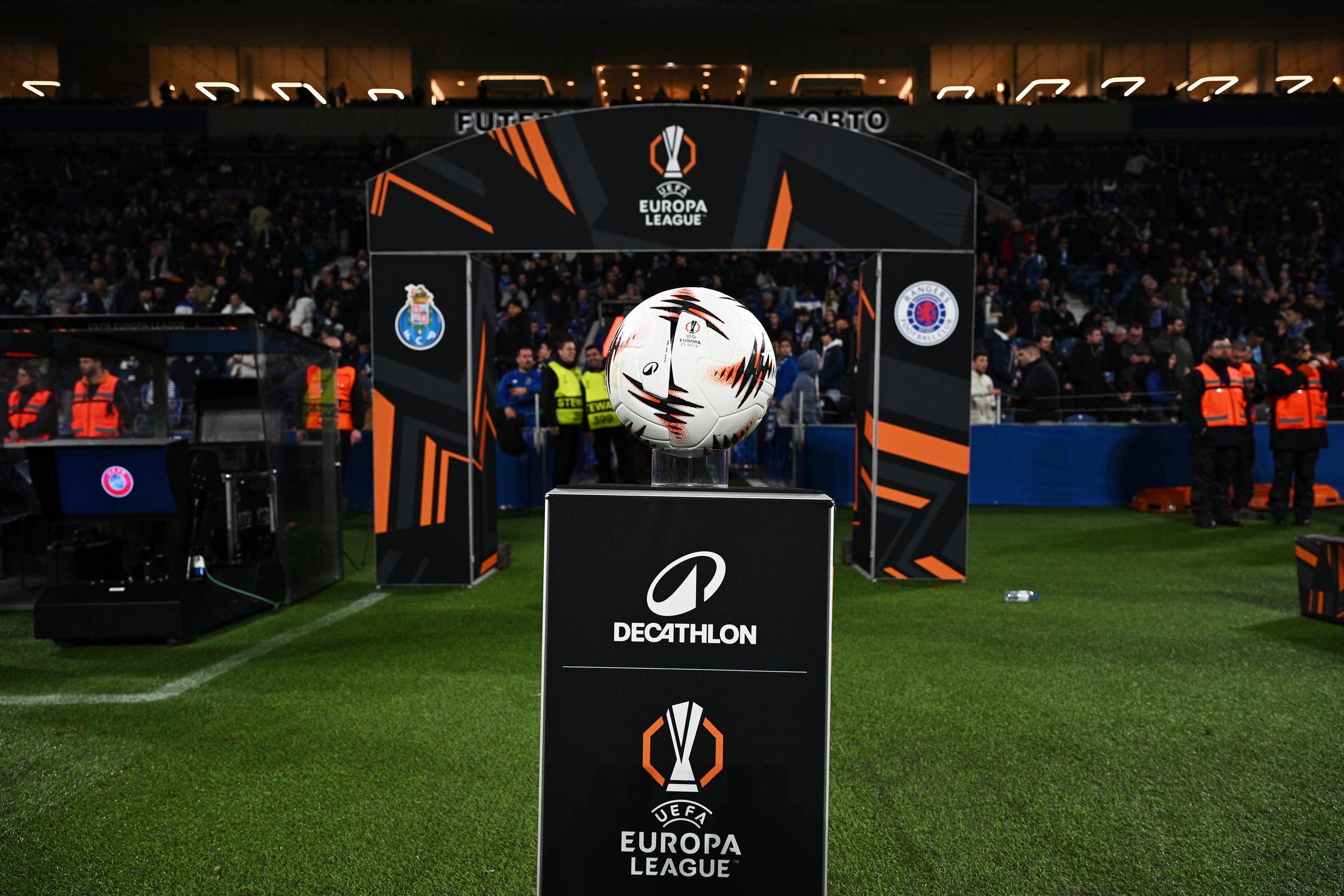 A general view of the UEFA Europa League match ball displayed on a plinth prior to the UEFA Europa League 2025/26 League Phase MD8 match between FC Porto and Rangers FC at Estadio do Dragao on 29 January 2026 in Porto, Portugal. | Source: Getty Images