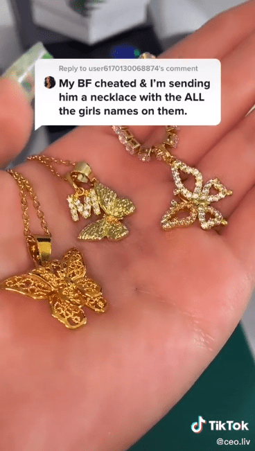 The butterfly necklaces the woman bought for herself. | Photo: TikTok/@Ceo.Liv