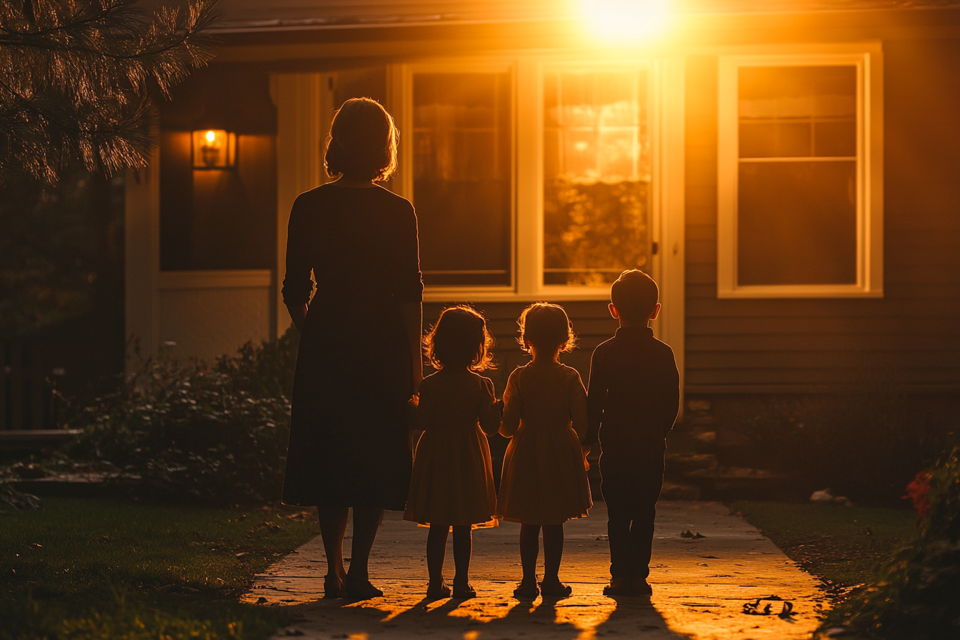 Silhouette of a woman with three little kids outside a house | Source: Midjourney