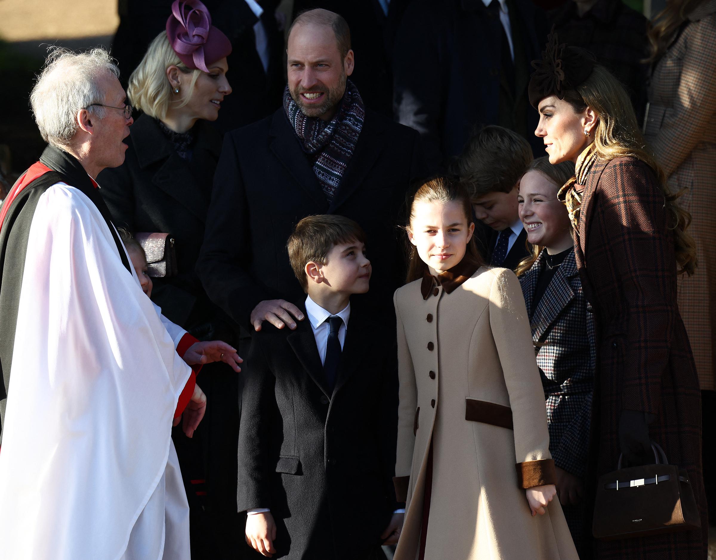 Zara Tindall, Prince William, Prince Louis, Princess Charlotte, Prince George, Mia Tindall and Princess Catherine attend the Christmas Morning Service at Sandringham Church on 25 December 2025 in Sandringham, Norfolk. | Source: Getty Images