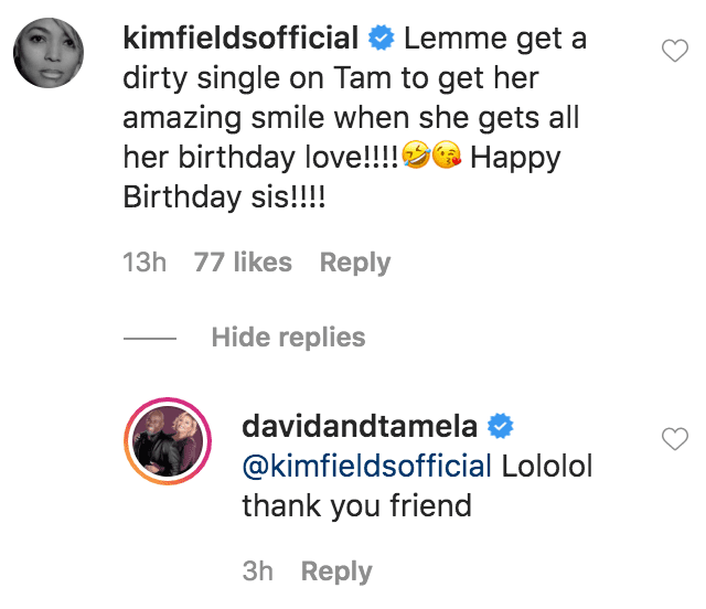 Kim Fields commented on a photo of Tamela Mann posted by her husband David Mann in honor of her birthday | Source: Instagram.com/davidandtamela