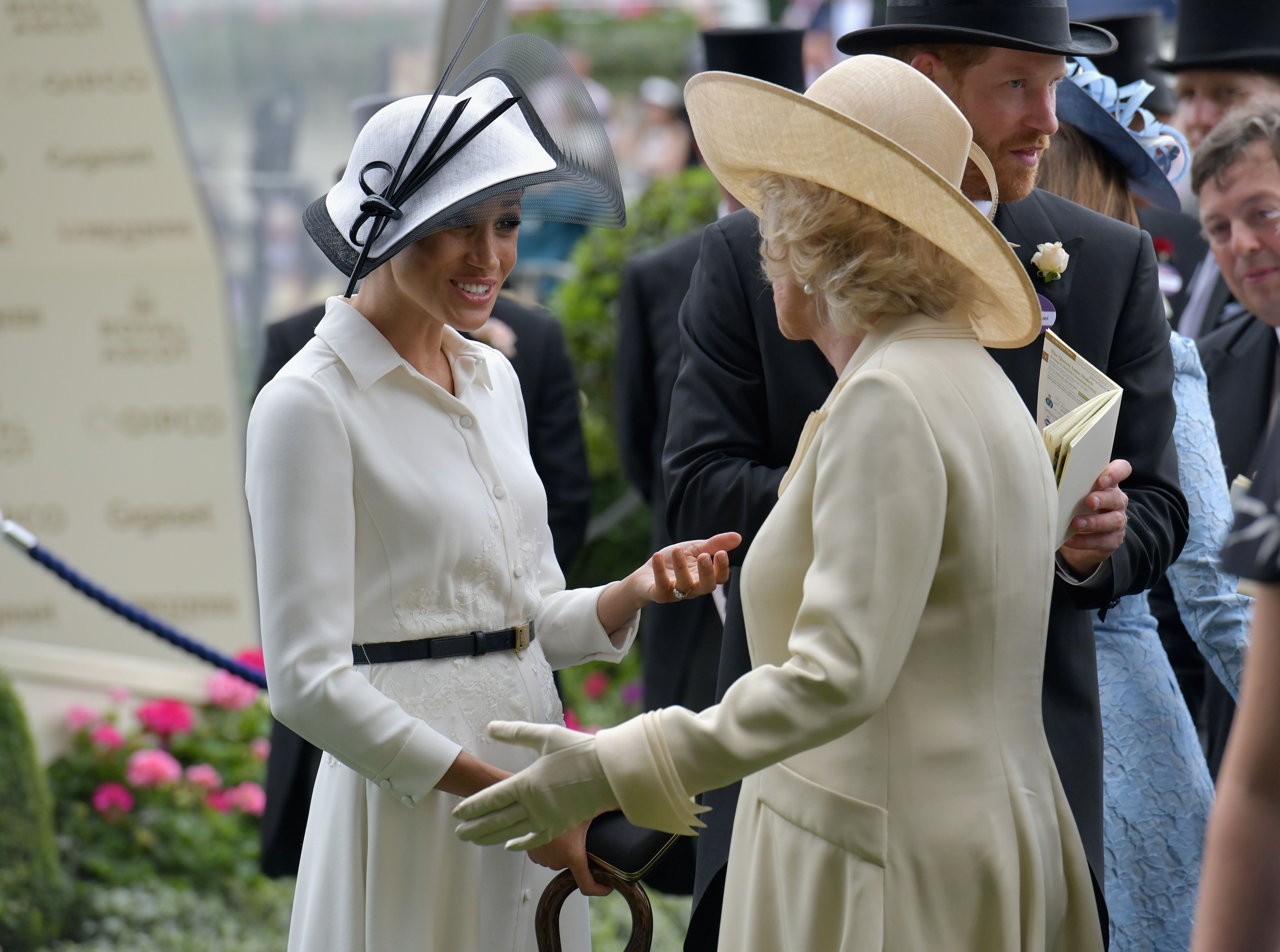 Duchess Meghan, Duchess Camilla, and Prince Harry at Royal Ascot Racecourse on June 19, 2018, in Ascot, England. | Source: Getty Images