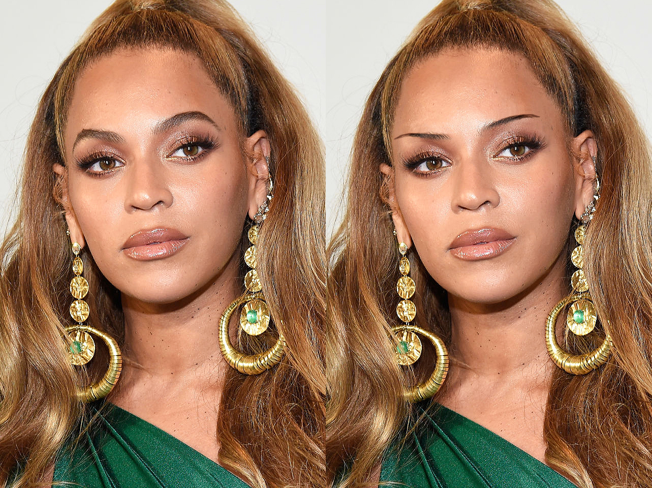 Beyonce's signature brows from 2017 vs a digitally edited thin-brow look | Source: Getty Images