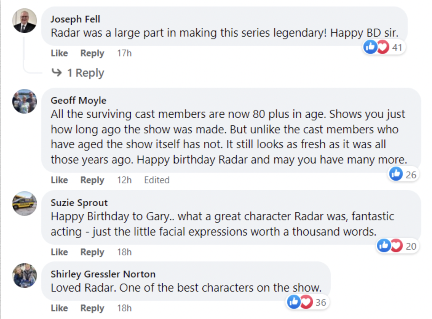 Comments left on a Facebook photo collage of Gary Burghoff on his 80th birthday in 2023 | Source: https://web.facebook.com/21CFMASHTV