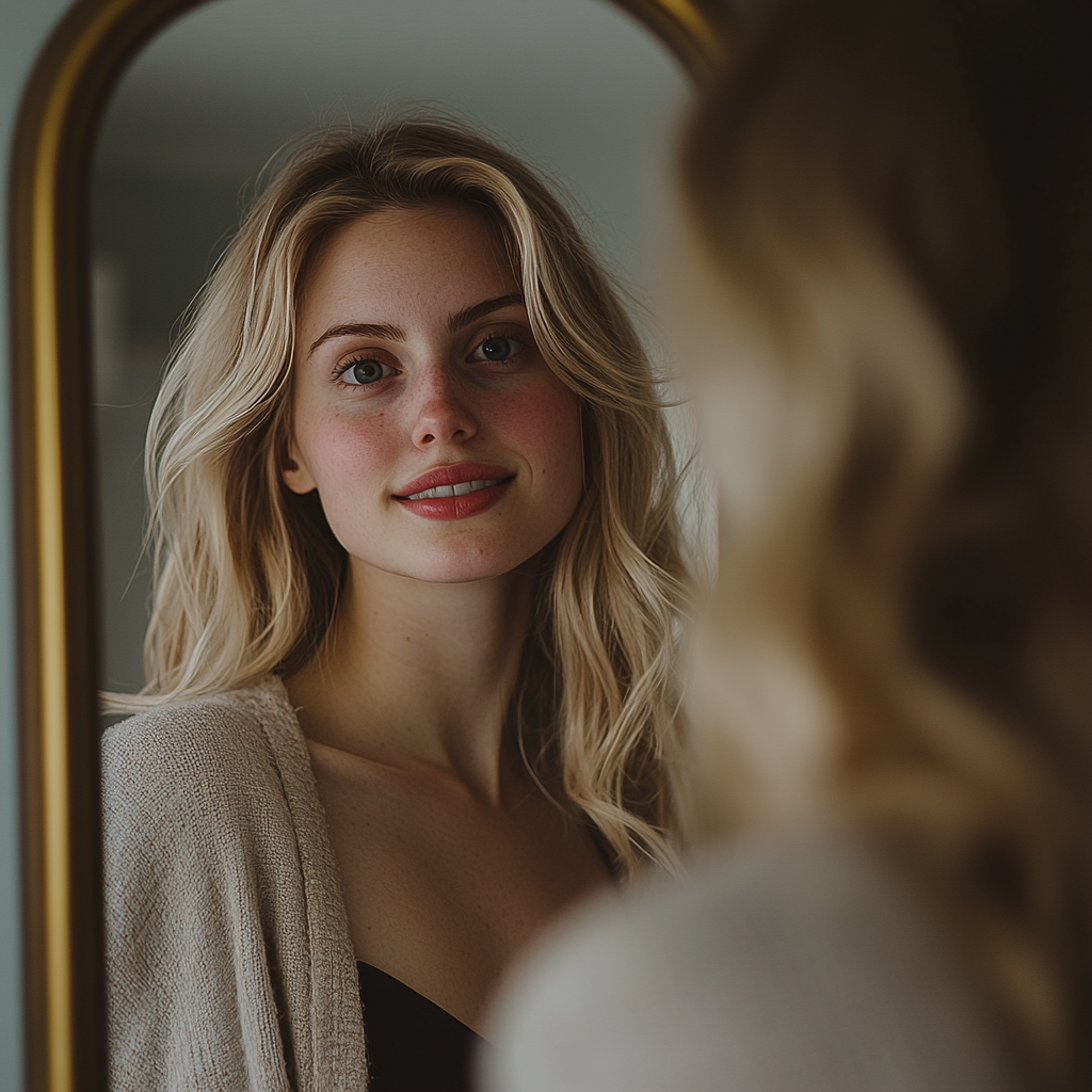 A woman looking at her reflection in the mirror | Source: Midjourney