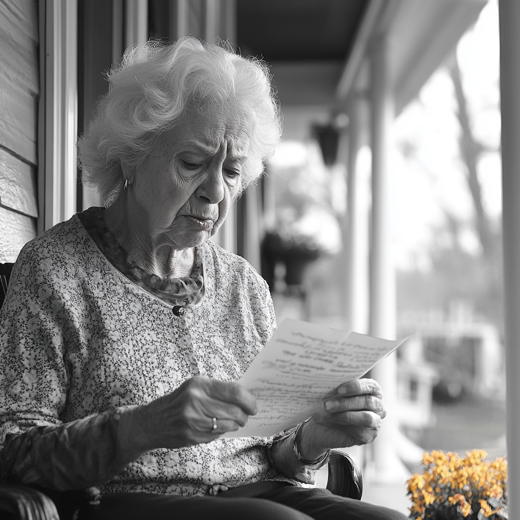 An upset woman reading a letter | Source: Midjourney