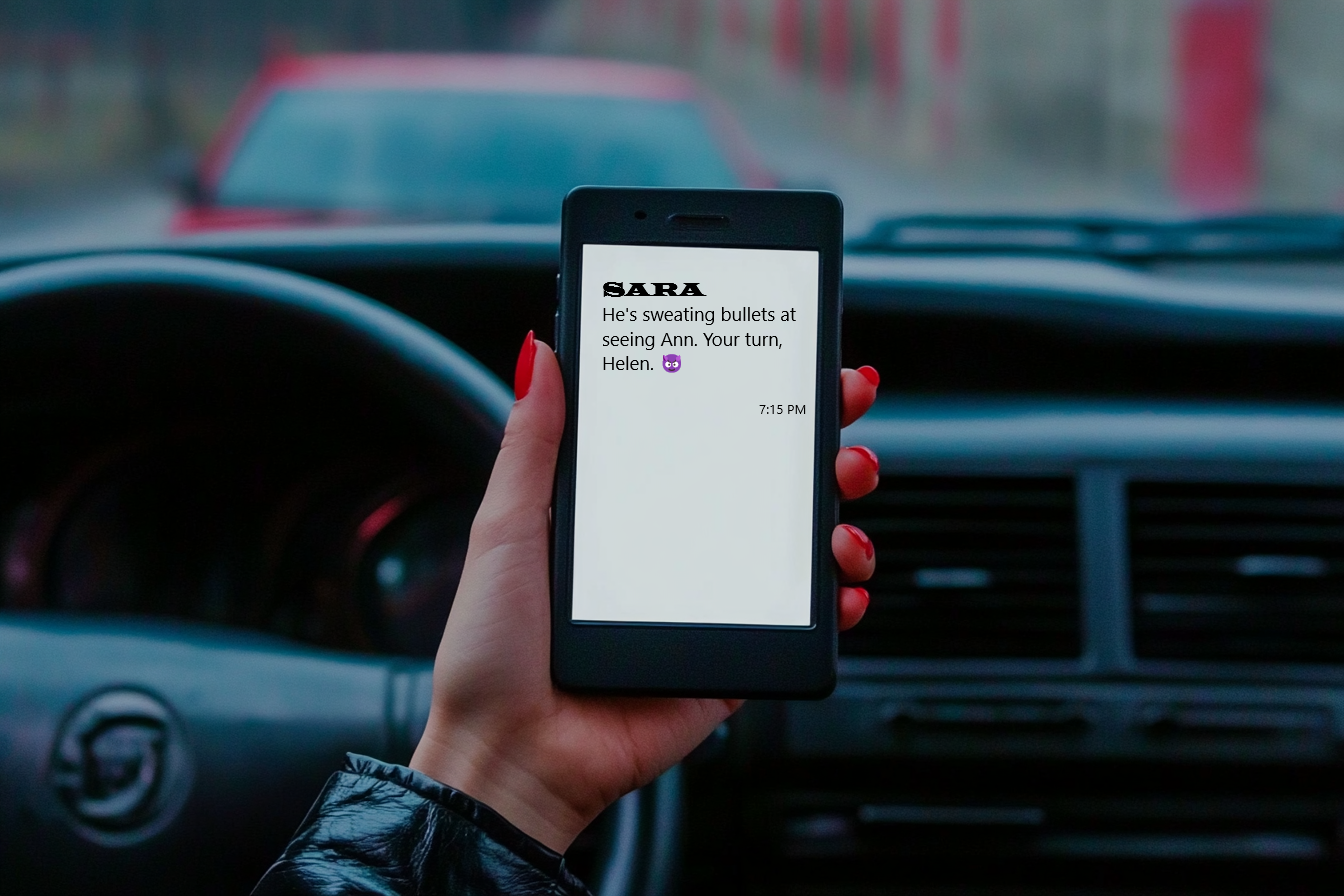 A woman holding a cell phone with a text message on the screen | Source: Midjourney