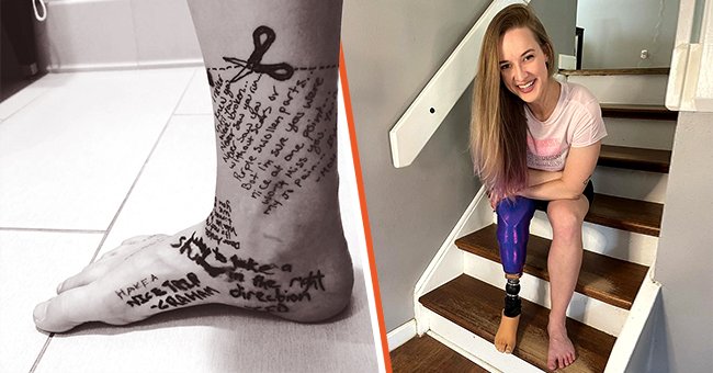 Jo Beckwith mit ihrer Beinprothese, daneben ein Foto ihres Fußes mit Abschiedsnotizen. | Quelle: Instagram.com/footlessjo