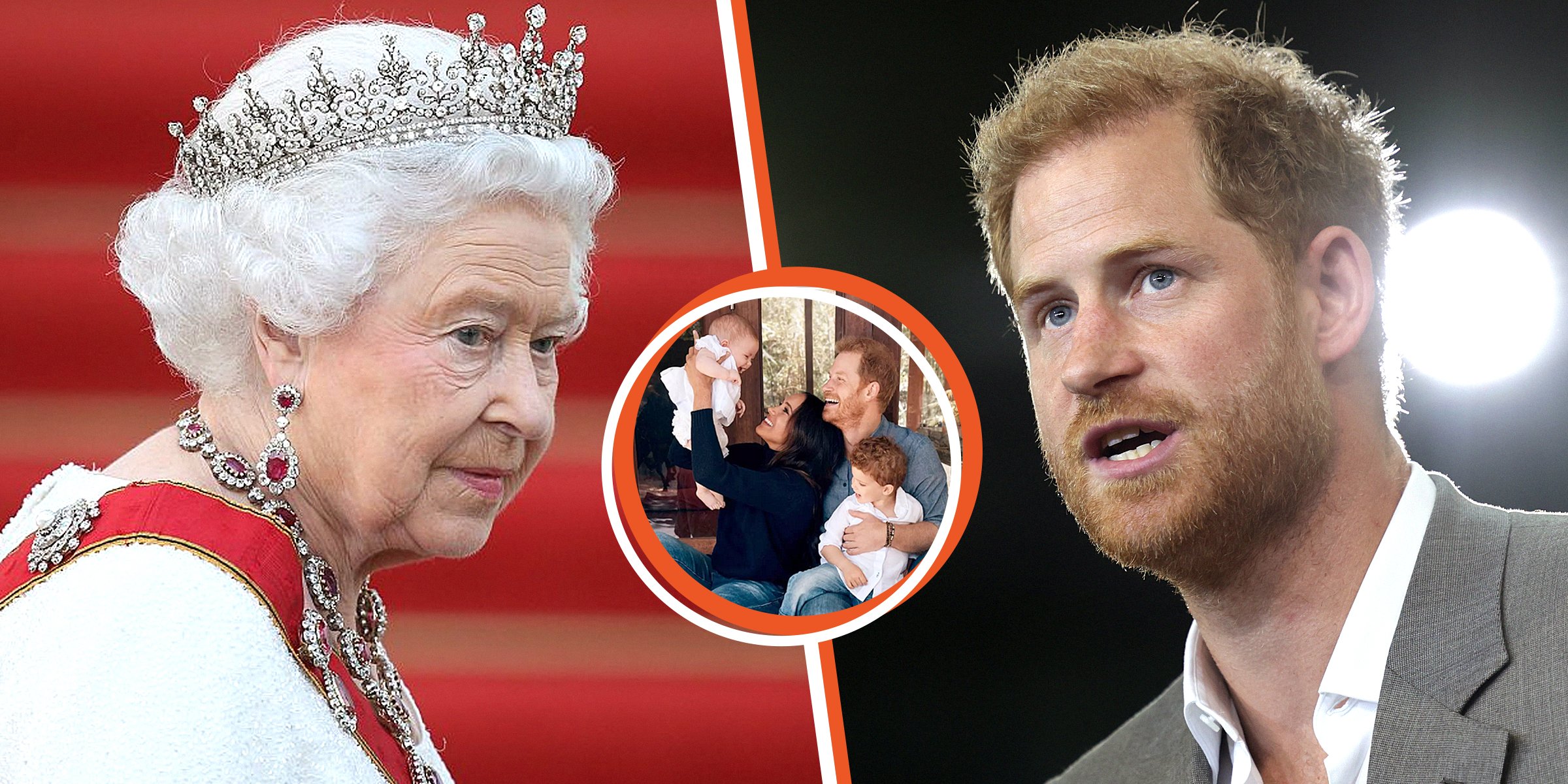 Queen Elizabeth II and Prince Harry. | Meghan Markle, Prince Harry, Lilibert and Archie. | Source: Instagram.com/alexilubomirski | Getty images