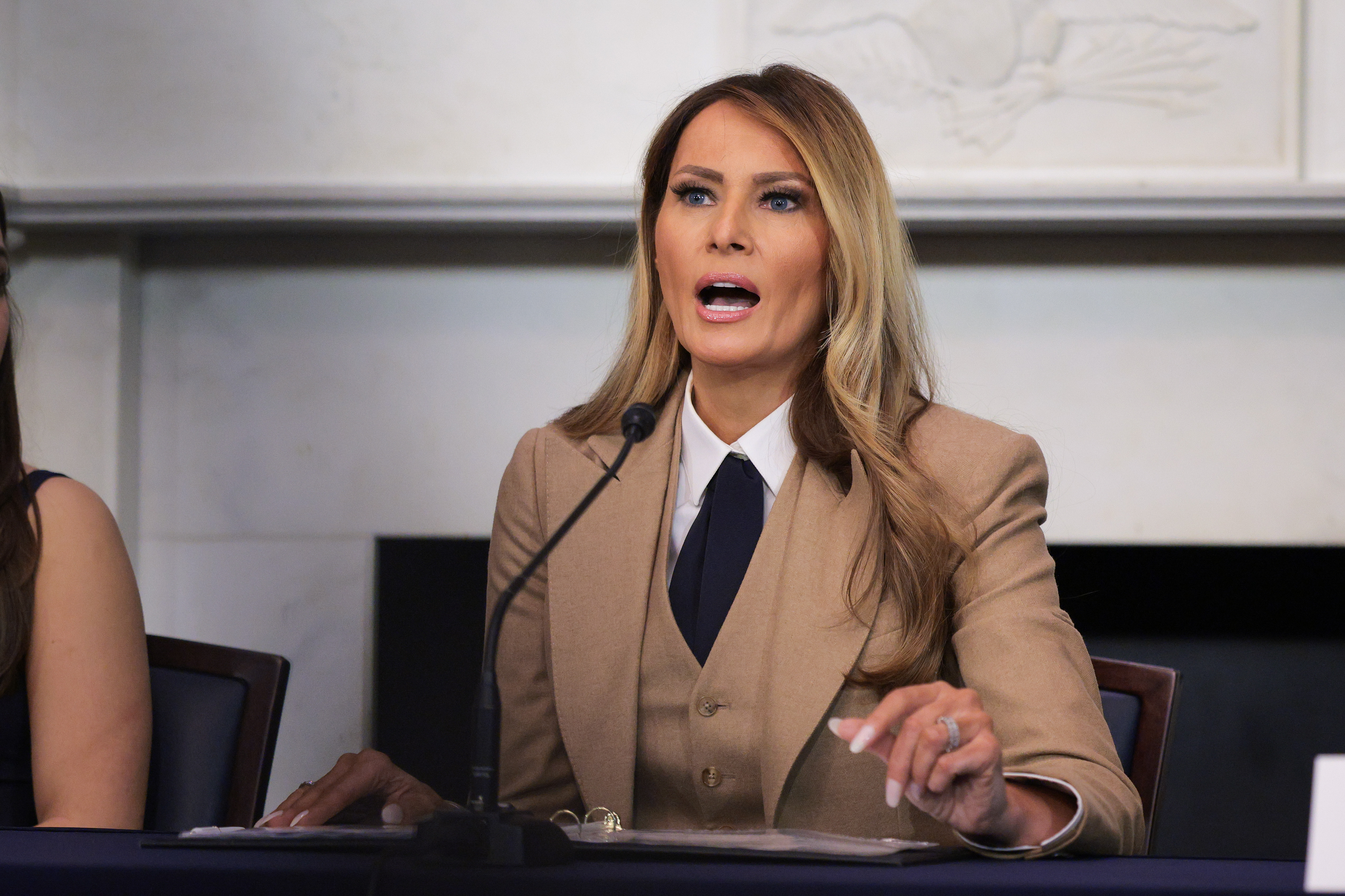 Melania Trump is pictured at a roundtable discussion on the "Take It Down Act" in the Mike Mansfield Room at the U.S. Capitol on March 3, 2025, in Washington, DC. | Source: Getty Images