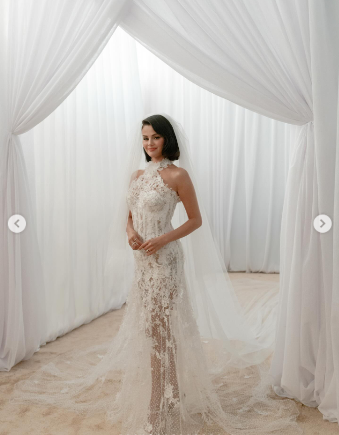 Selena Gomez stuns in a lace halter-neck gown, from a post dated September 30, 2025 | Source: Instagram/selenagomez