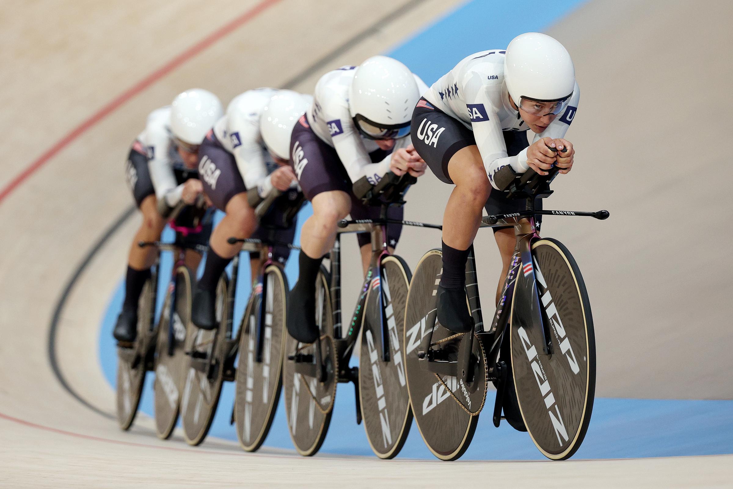 Team USA during the Women's Team Pursuit Qualifying at the Paris Olympics in Paris, France on August 6, 2024 | Source: Getty Images