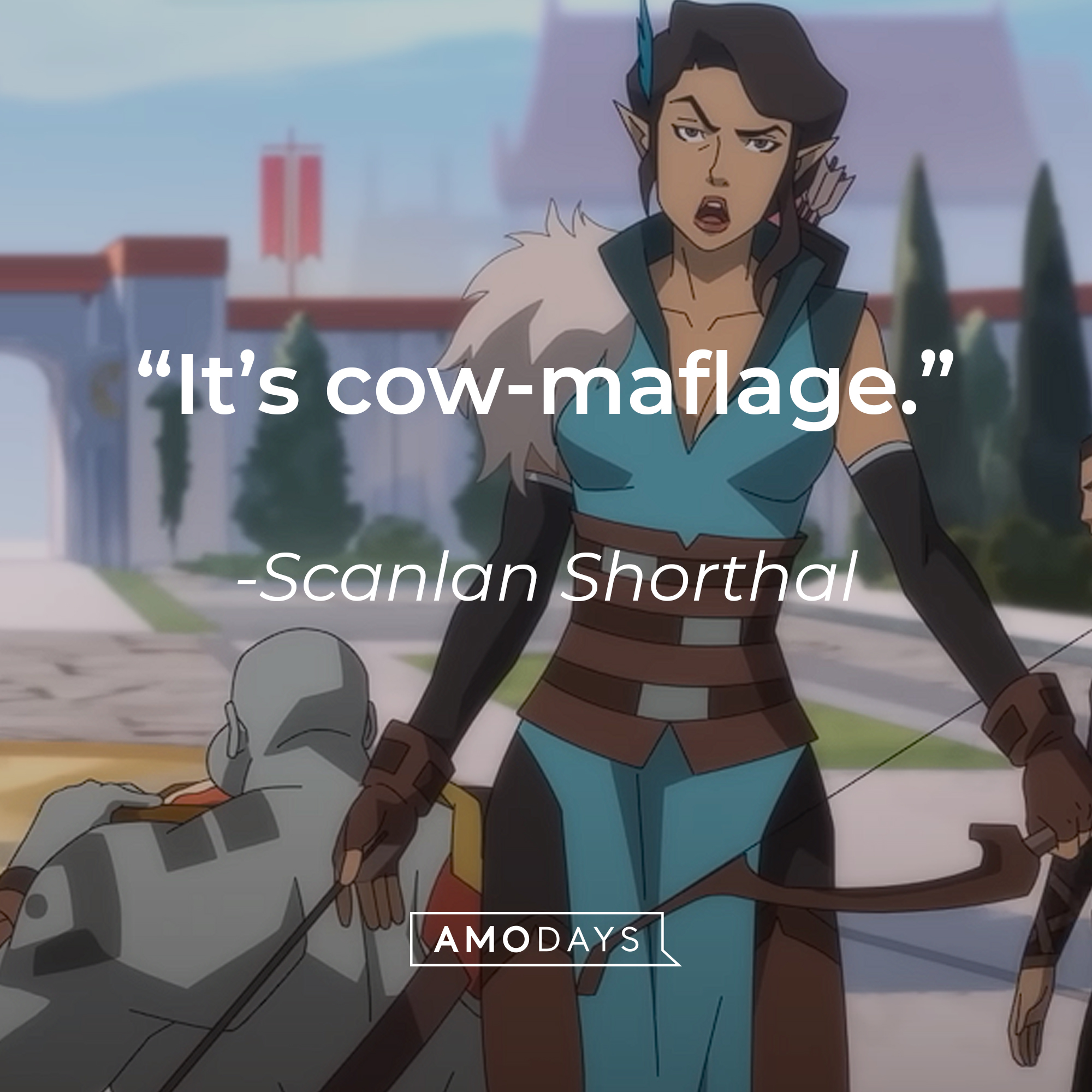 An image of Scanlan Shorthalt with her quote:  “It’s cow-maflage.” | Source: youtube.com/PrimeVideo