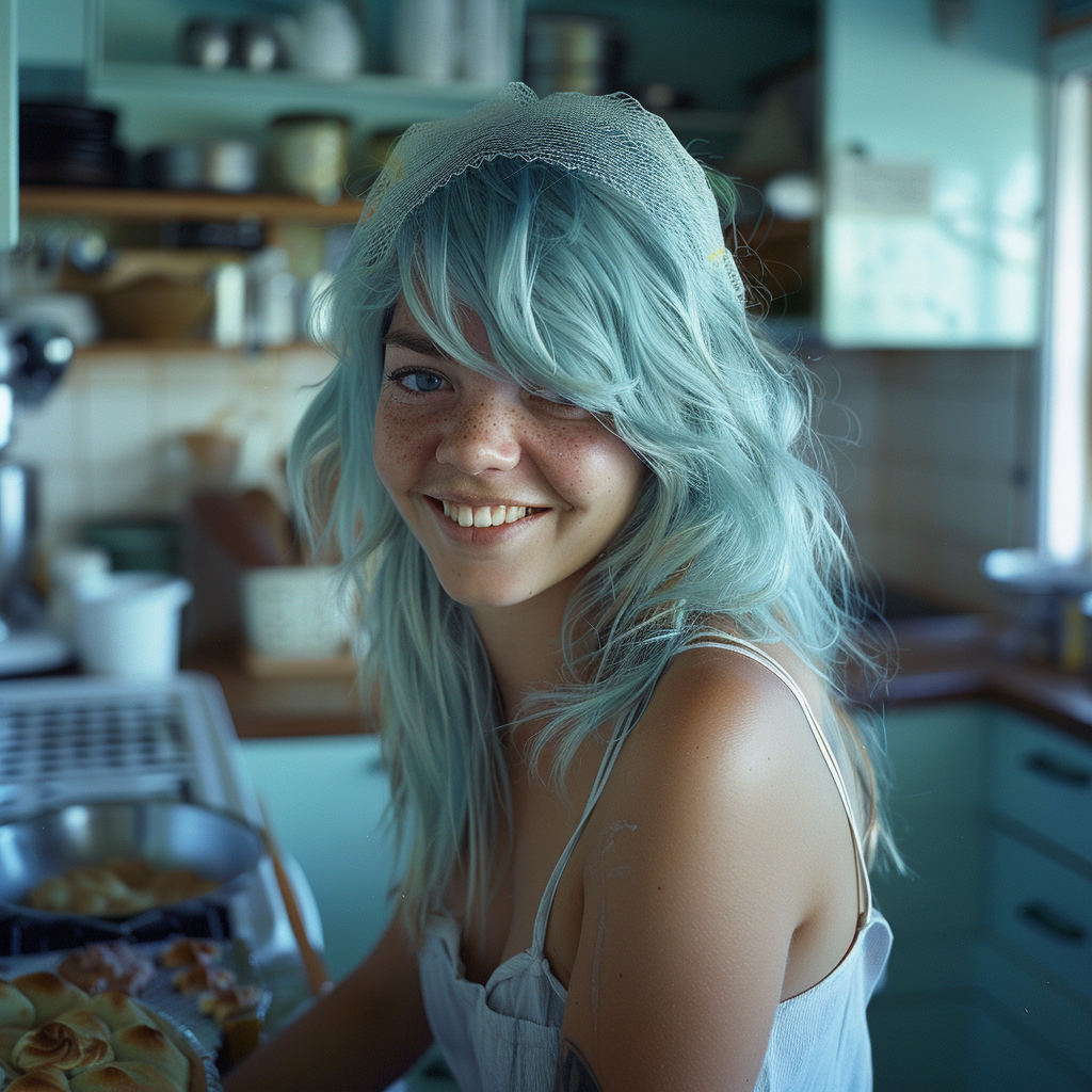 A happy woman with blue hair in a bakery | Source: Midjourney