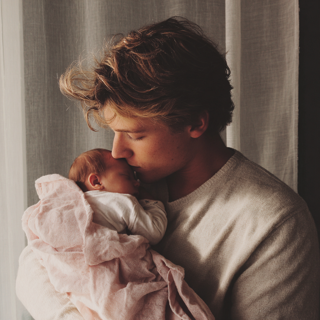 A young man holding a newborn baby | Source: Midjourney