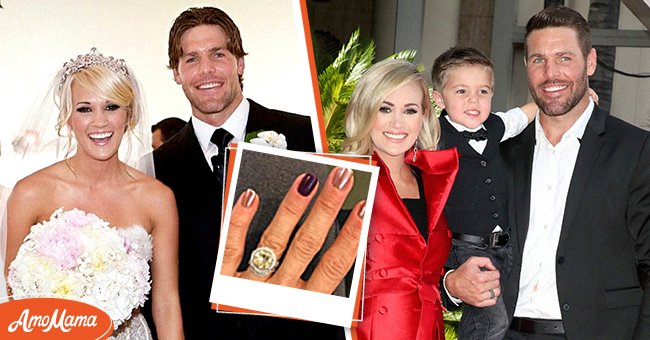 Carrie Underwood and Mike Fisher on their wedding day on July 10, 2010 [left]. A picture of Carrie Underwood's engagement ring [center]. Mike Fisher, Isaiah Michael Fisher, and Carrie Underwood when she was honored with a star on The Hollywood Walk of Fame on September 20, 2018 [right] | Photo: Getty Images