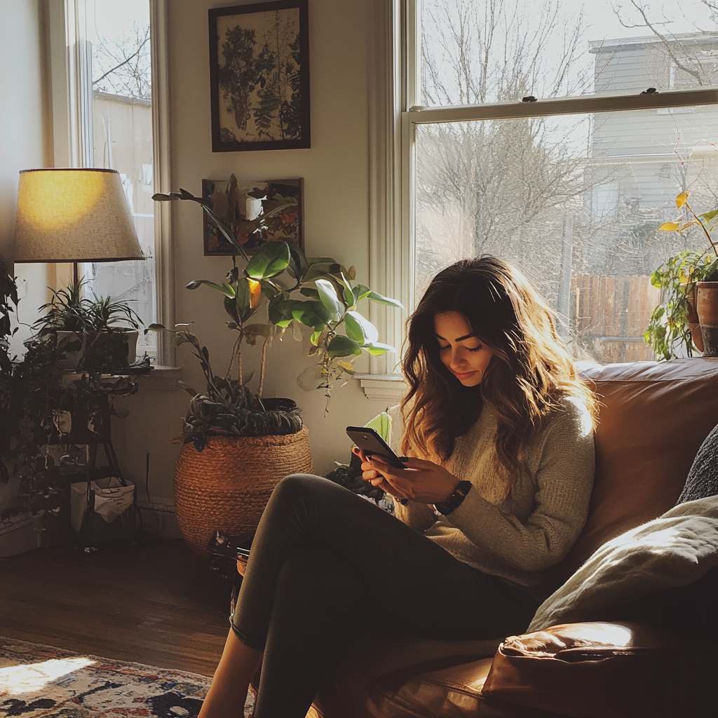 A woman sitting in her living room | Source: Midjourney