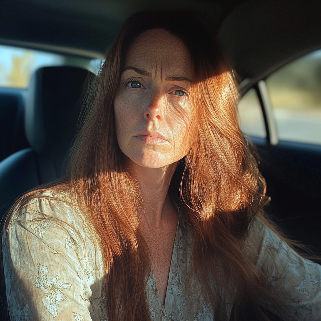 An upset woman sitting in a car | Source: Midjourney