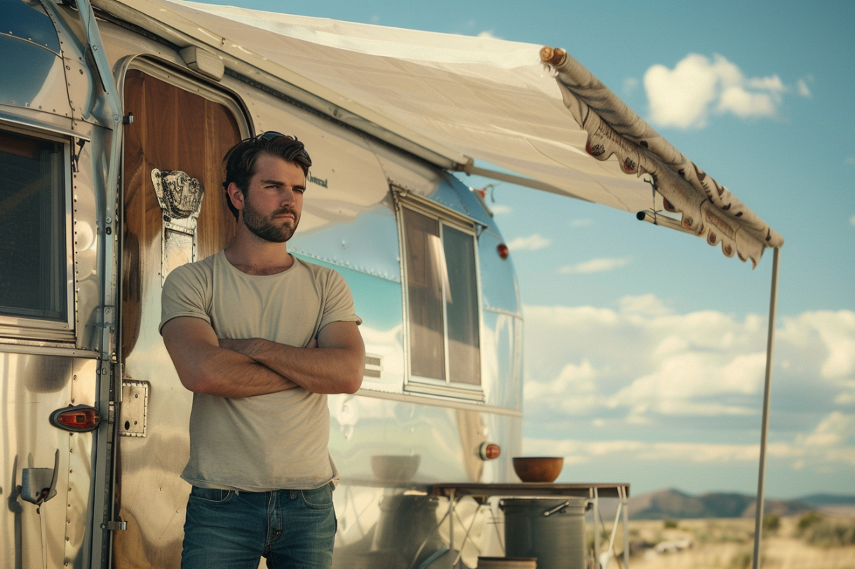 A man standing outside his newly restored trailer | Source: Midjourney