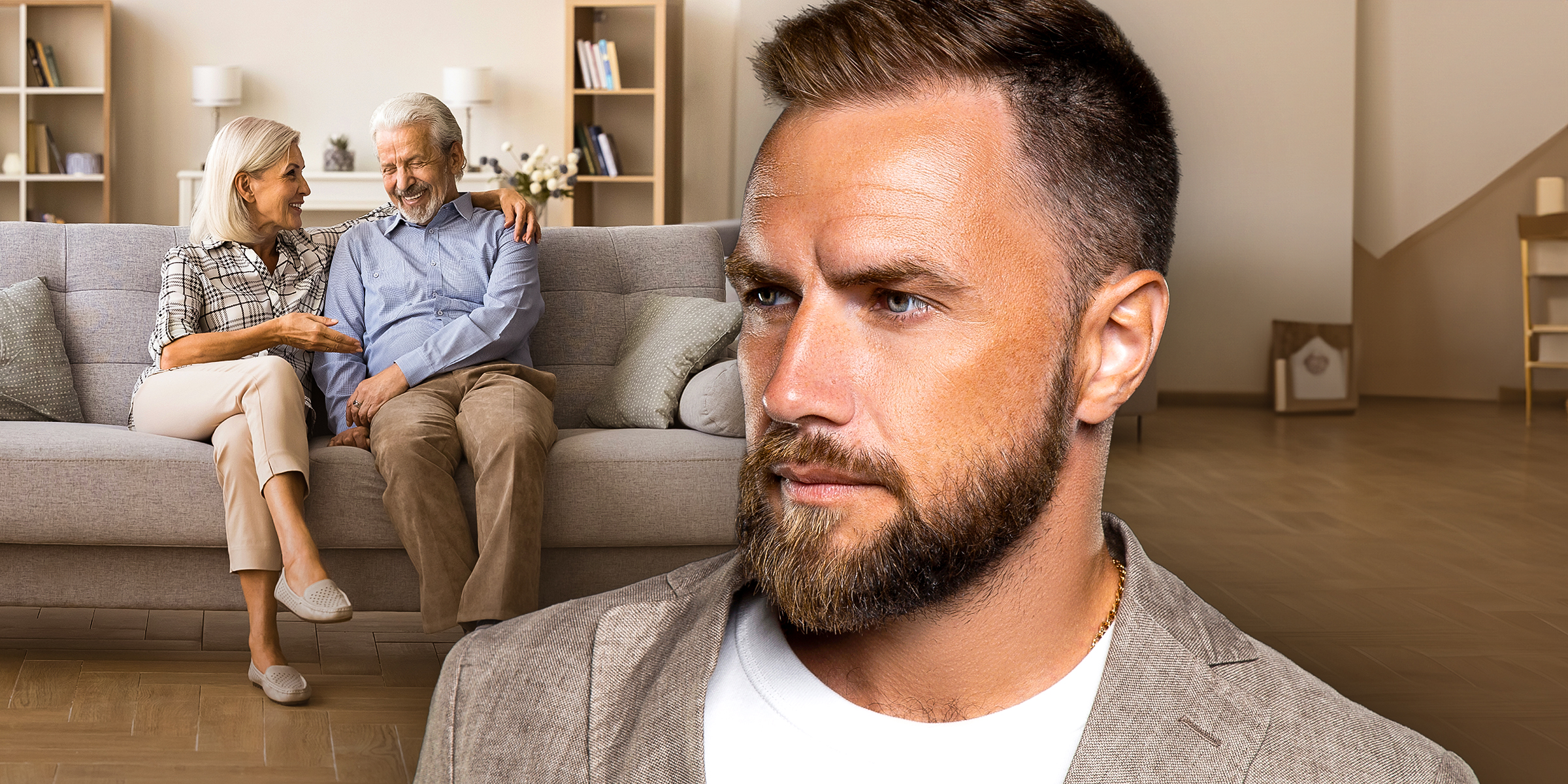 A bearded man pictured with an elderly couple in the background | Source: Shutterstock