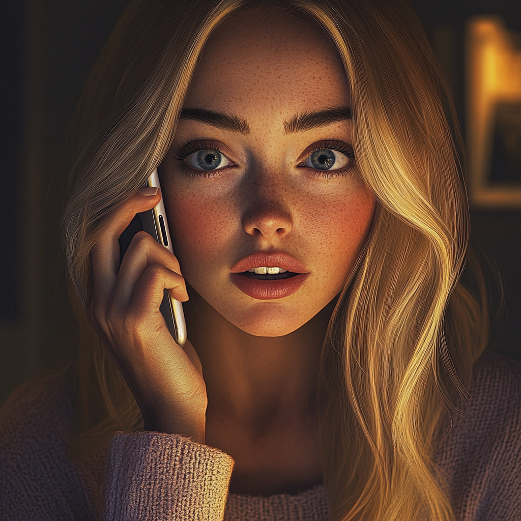 A shocked woman talking on the phone | Source: Midjourney