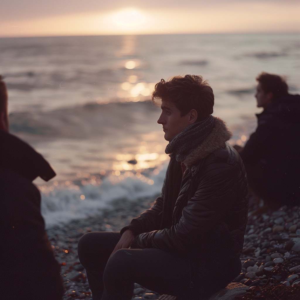 Three people having a conversation on a beach | Source: Midjourney