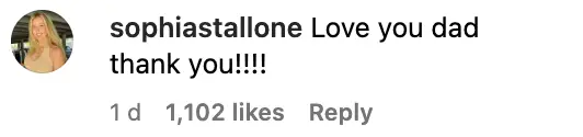 A screenshot of Sophia Stallone's reply to her dad posted on August 28, 2023 | Source: Instagram/officialslystallone