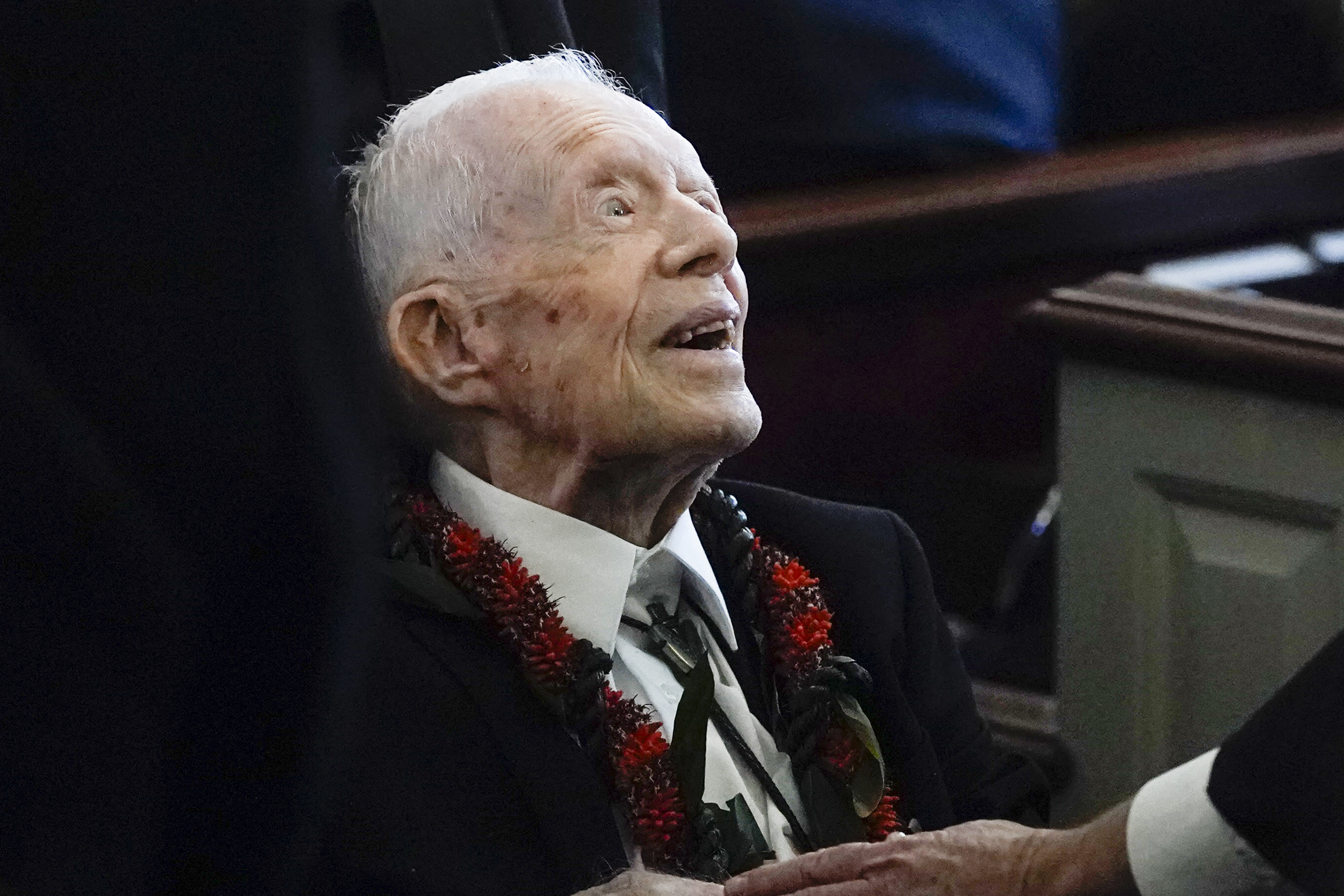 Jimmy Carter arrives for the funeral service for his wife, former first lady Rosalynn Carter, at Maranatha Baptist Church, in Plains, Georgia on November 29, 2023. | Source: Getty Images