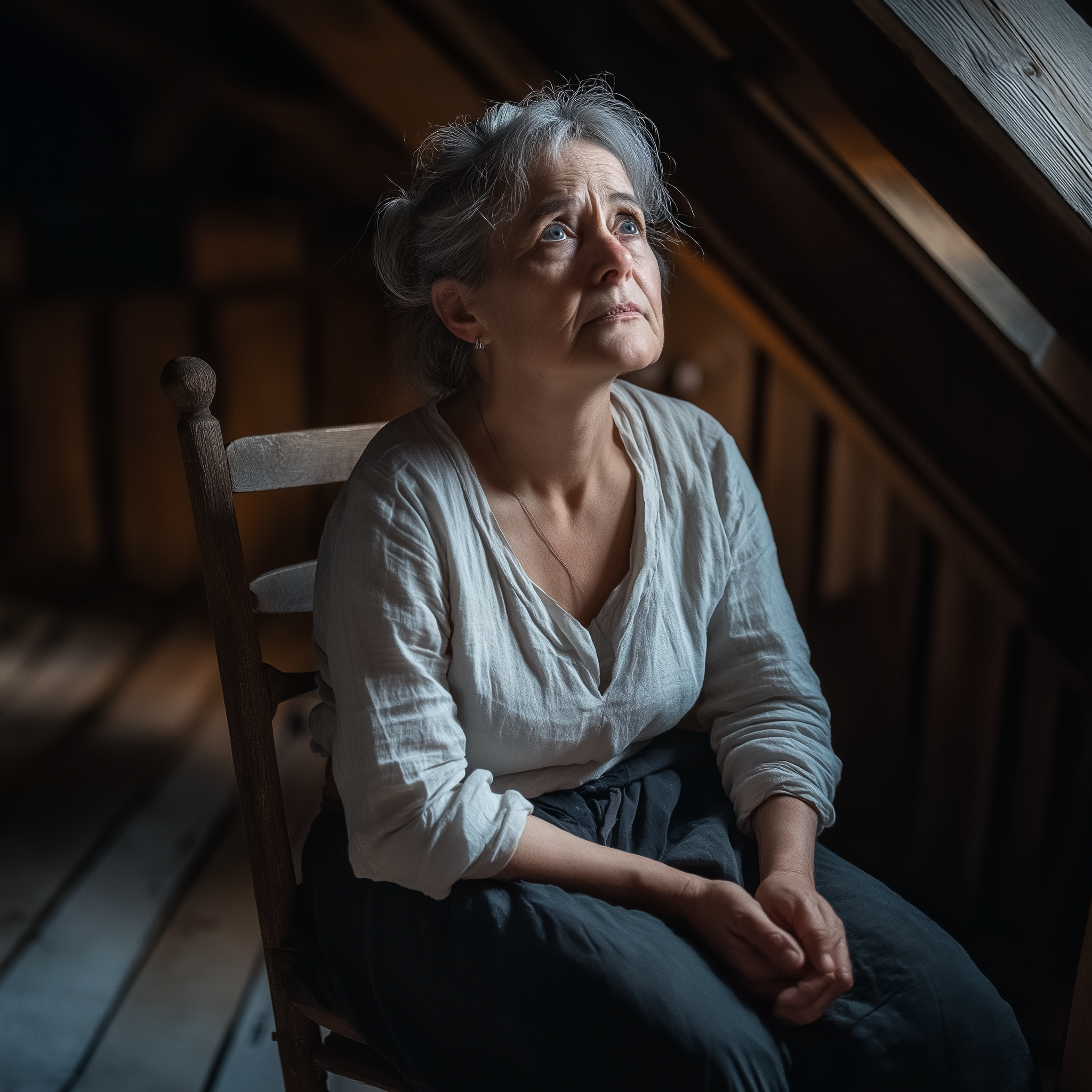 A middle-aged woman sitting in an attic | Source: Midjourney