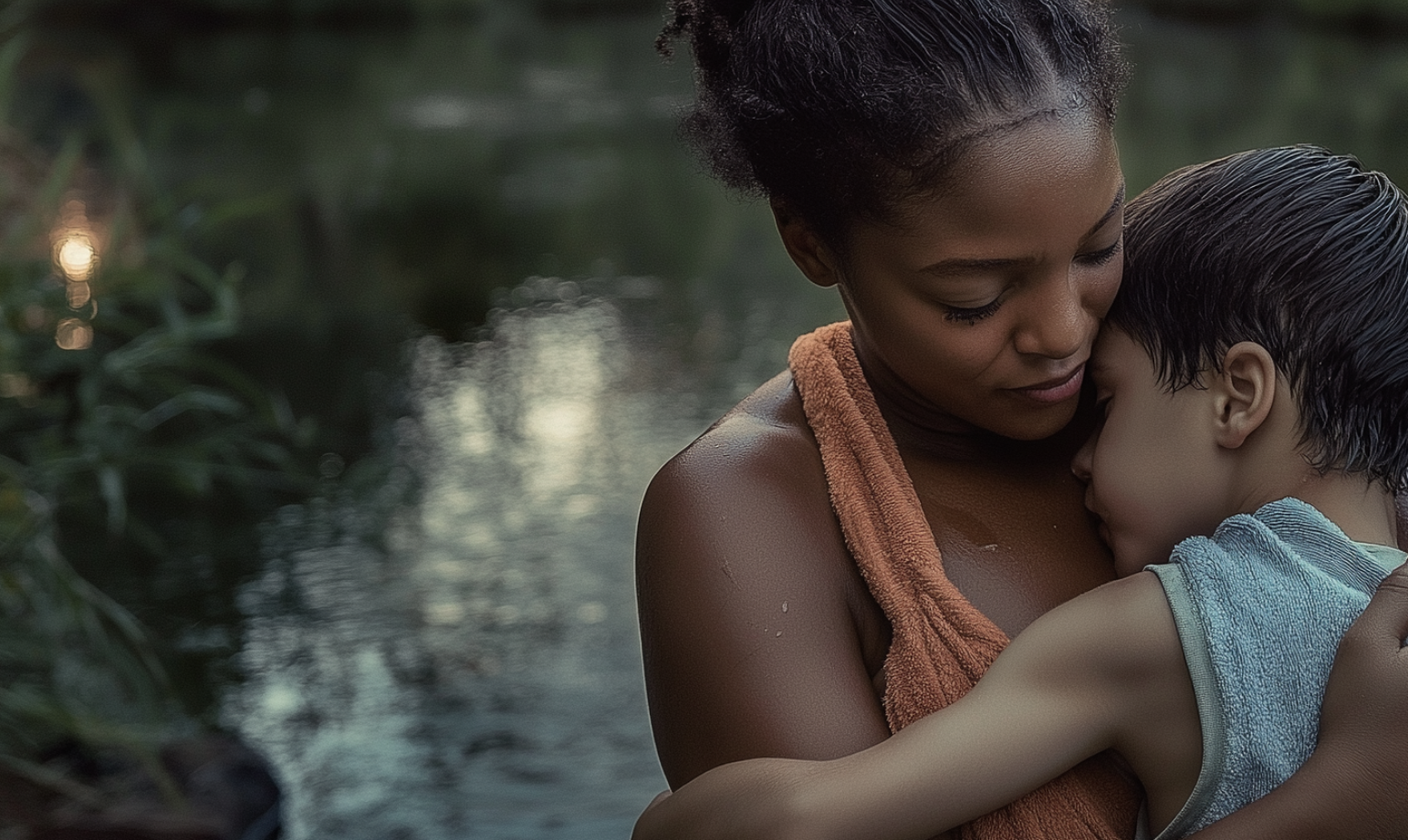 A woman embracing her child near a pond | Source: Midjourney