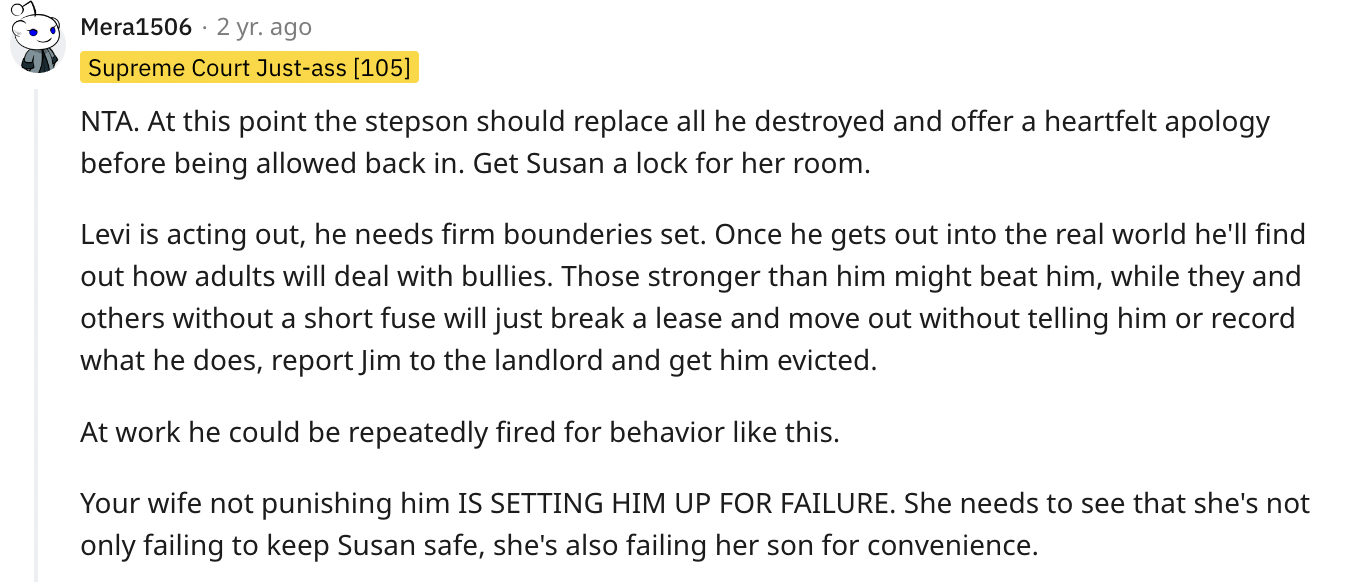 Another netizen stressed the importance of establishing firm boundaries, suggesting that Levi should replace the damaged items and offer a heartfelt apology | Source: reddit.com/r/AmItheAsshole