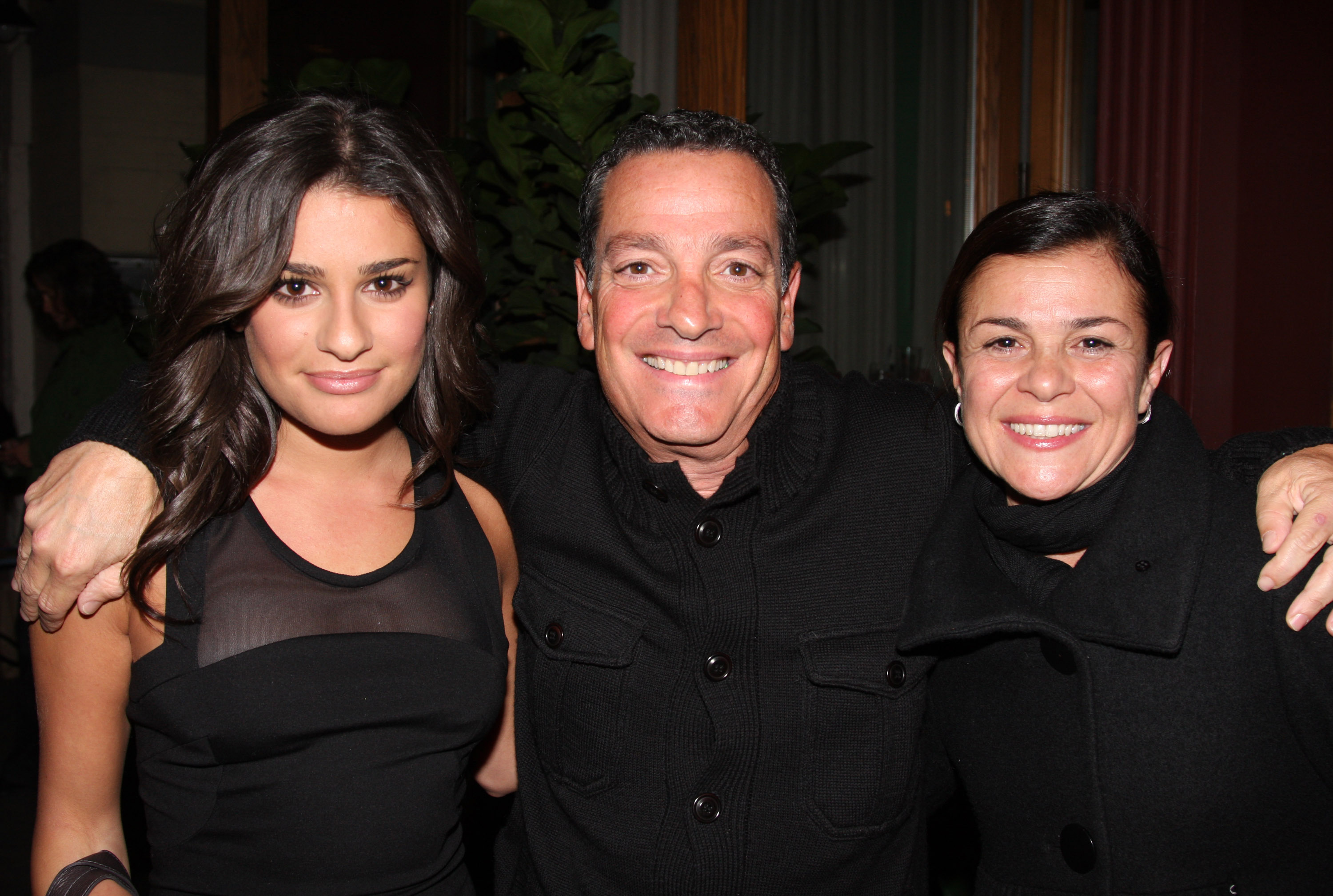 Lea Michele, her father Marc Sarfati, and mother Edith Sarfati attend the hit rock musical "Rock of Ages" on Broadway at The Brooks Atkinson Theater on October 6, 2009, in New York, New York. | Source: Getty Images