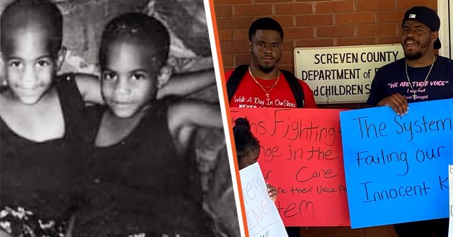 [Left] A childhood picture of Daquane and Tavon. [Right] Daquane and Tavon holding placards at a protest. | Photo: instagram.com/davonwoodsfc/