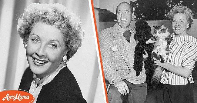 Portrait of American actress Vivian Vance smiling. [Left] | Vivian Vance with her ex husband smiling and carrying their dogs. [Right] | Photo: Getty Images