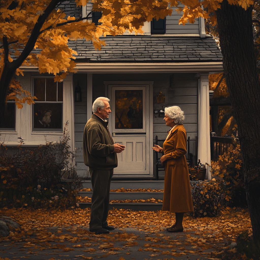 A man talking to his wife in front of the house | Source: Midjourney