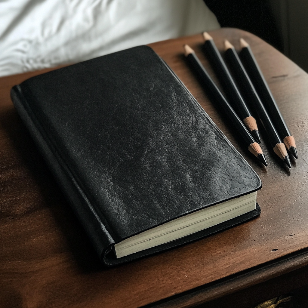 A black notebook on a nightstand | Source: Midjourney