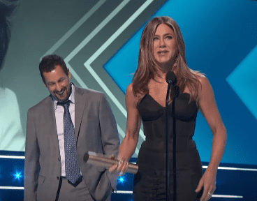 Jennifer Aniston and Adam Sandler onstage during 2019 People's Choice Awards. | Source: YouTube/ E! Red Carpet & Award Shows