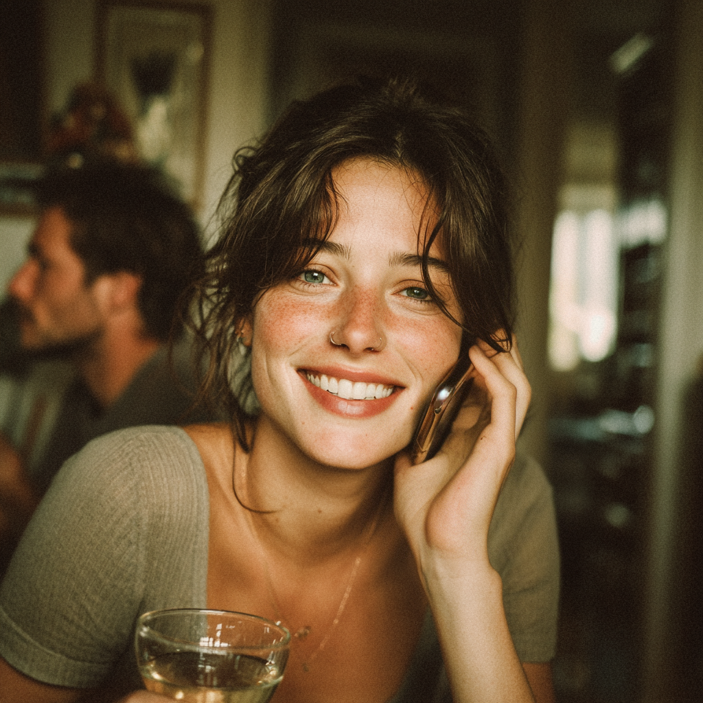 A happy woman on a call while holding a drink | Source: Midjourney