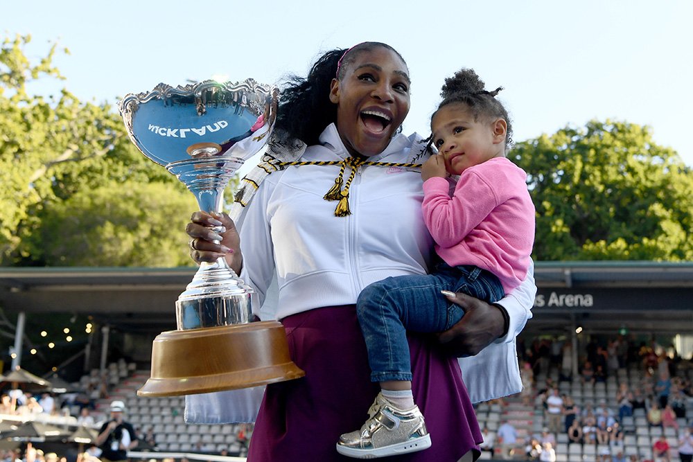 Serena Williams celebrating with daughter Alexis Olympia after winning the final match against Jessica Pegula at ASB Tennis Centre in Auckland, New Zealand in January 2020. I Image: Getty Images.