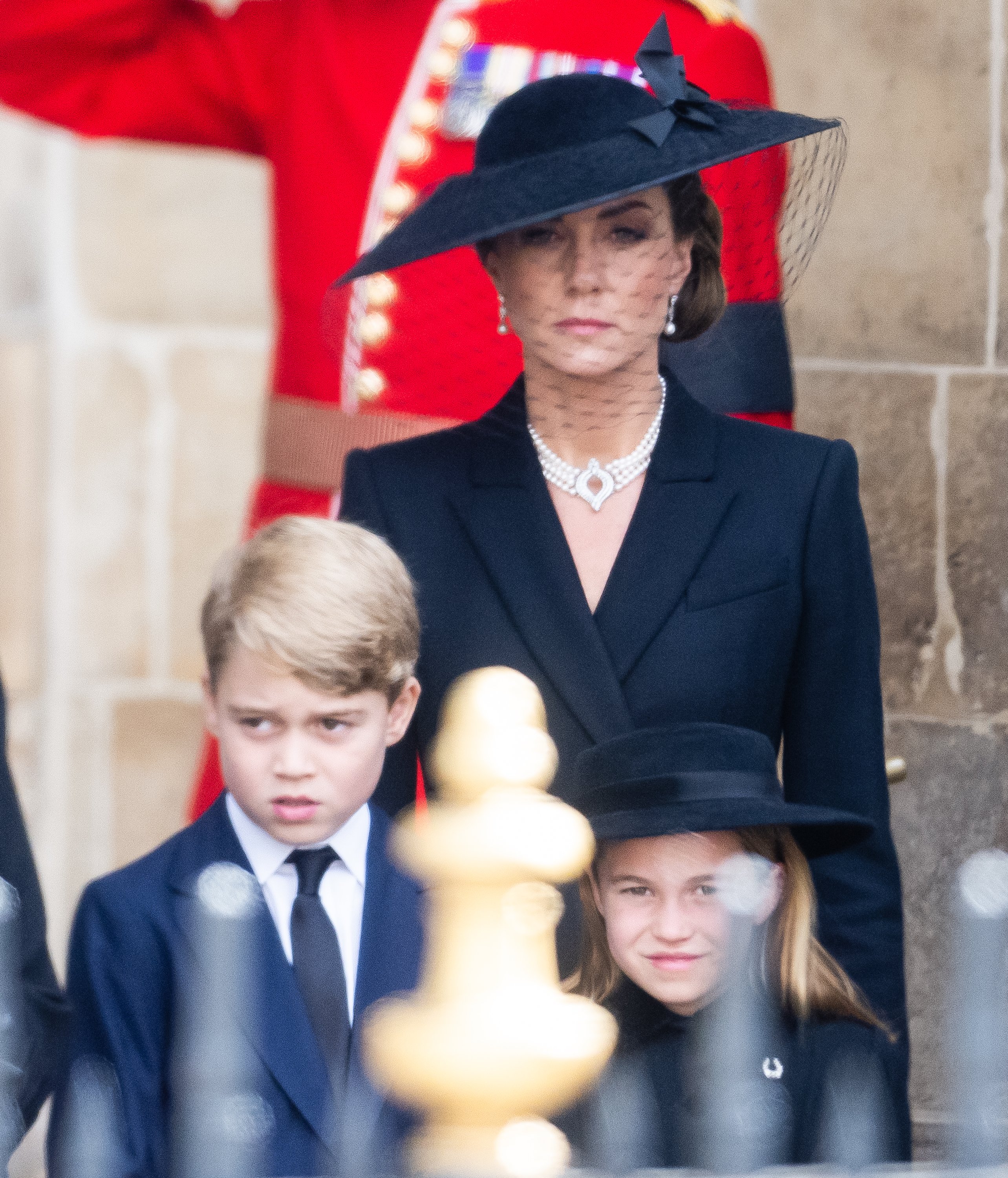 Catherine, Princess of Wales, Prince George of Wales, and Princess Charlotte of Wales during the State Funeral of Queen Elizabeth II at Westminster Abbey on September 19, 2022, in London, England. | Source: Getty Images