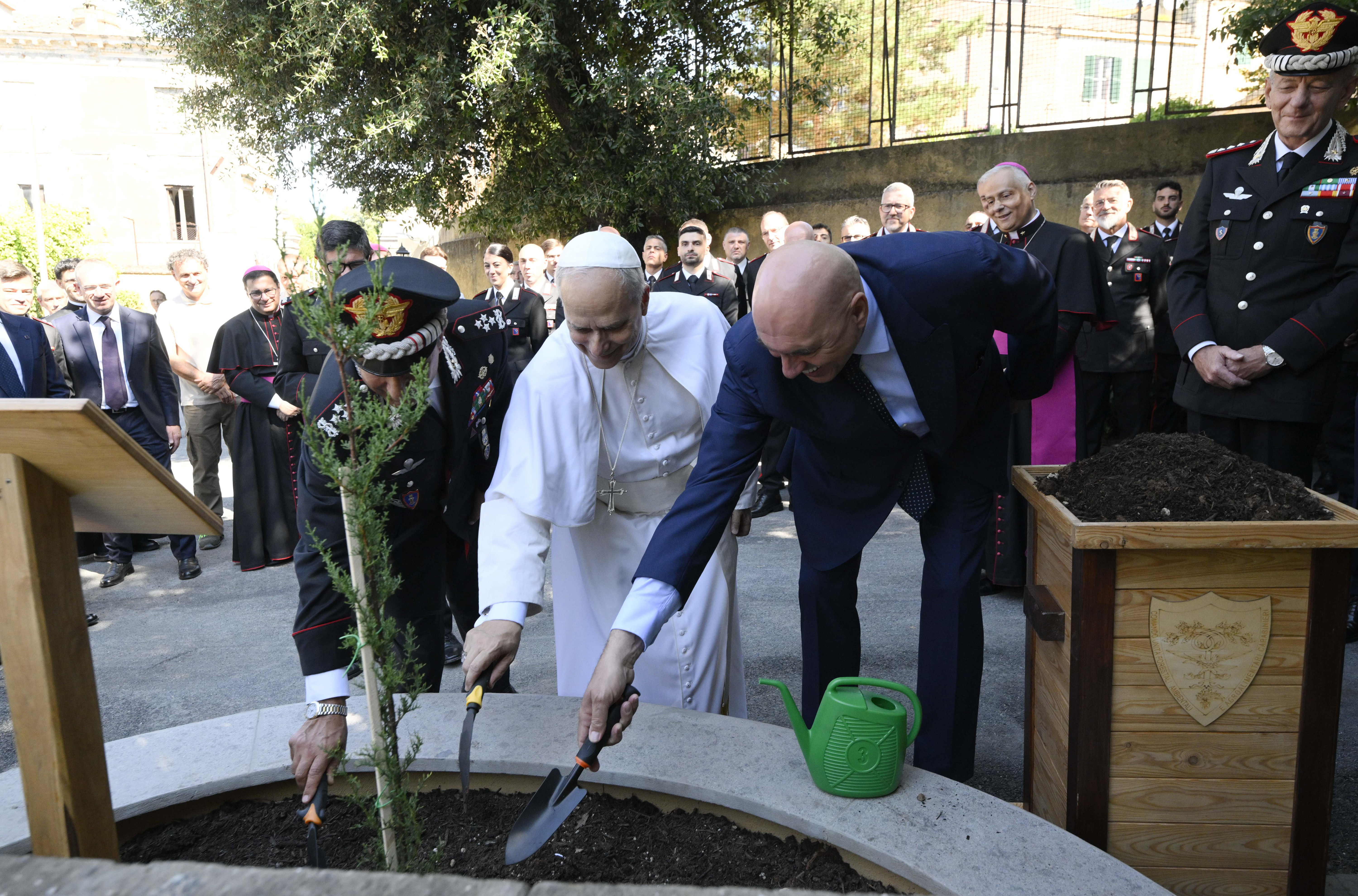 Pope Leo XIV, Salvatore Luongo, and Guido Crosetto plant a tree at the end of a Mass on July 15, 2025, in Albano Laziale, Italy. | Source: Getty Images