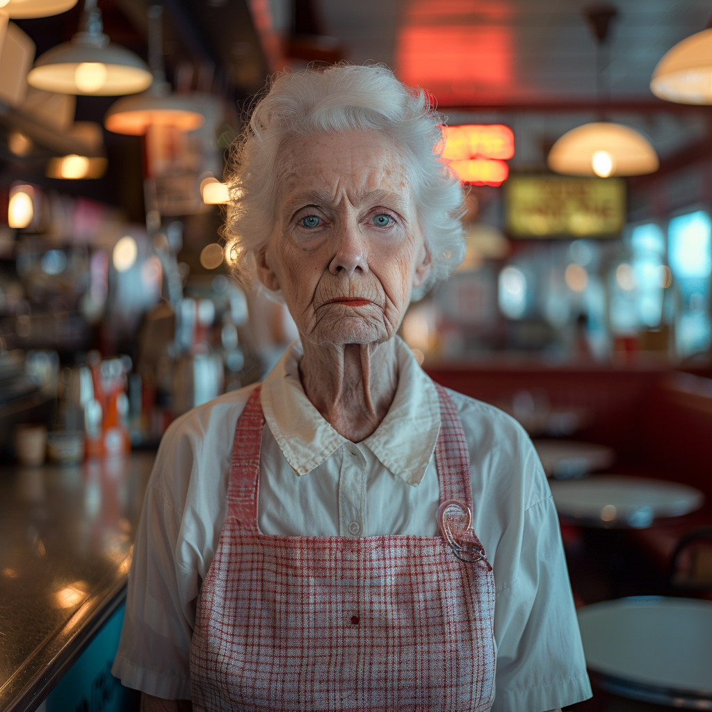 An old server lady standing in a diner | Source: Midjourney