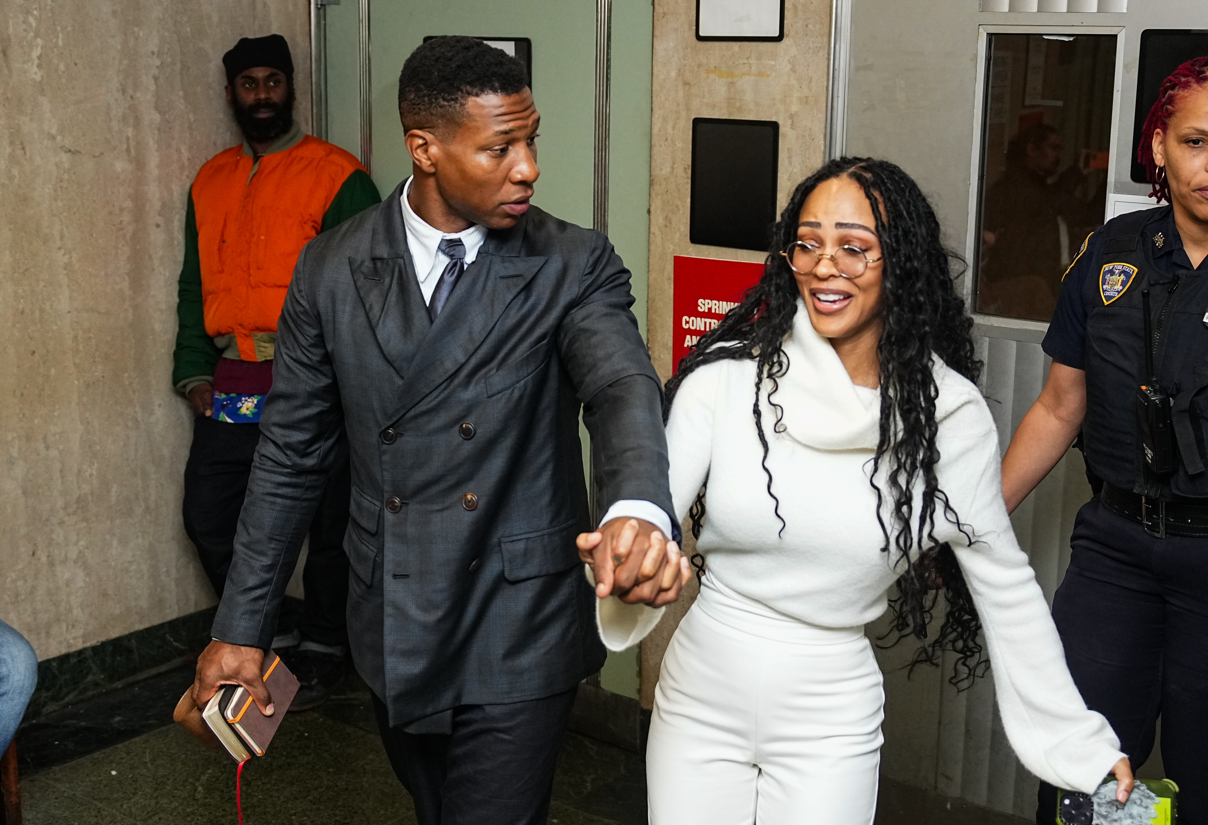 Jonathan Majors and Meagan Good at Manhattan Criminal Court on December 15, 2023, in New York City. | Source: Getty Images
