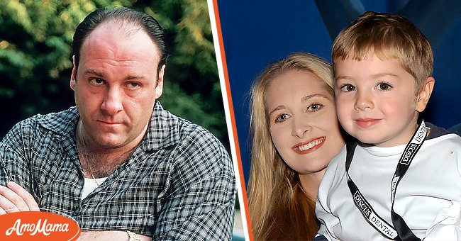 Actor James Gandolfini in scene from HBO TV drama series The Sopranos[left],.James Gandolfini enjoys a moment with wife Marcy and 3-year-old son Michael at the first-ever Dream Halloween at Chelsea Piers.[right] | Photo: Getty Images