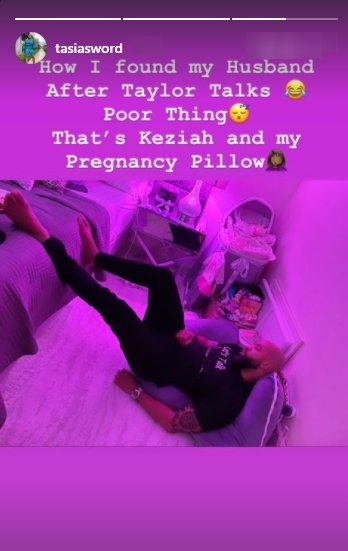 Fantasia shares a picture of her husband Taylor sleeping on her pregnancy pillow. | Photo: Instagram/tasiasword