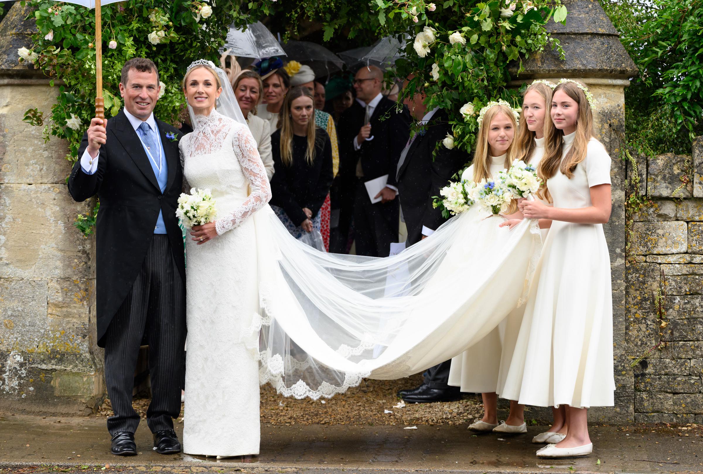 Peter Phillips and Harriet Sperling depart from their Royal wedding alongside bridesmaids Isla Phillips, Savannah Phillips and Georgina Sperling at All Saints' Church on June 6, 2026 in Kemble, England. | Source: Getty Images