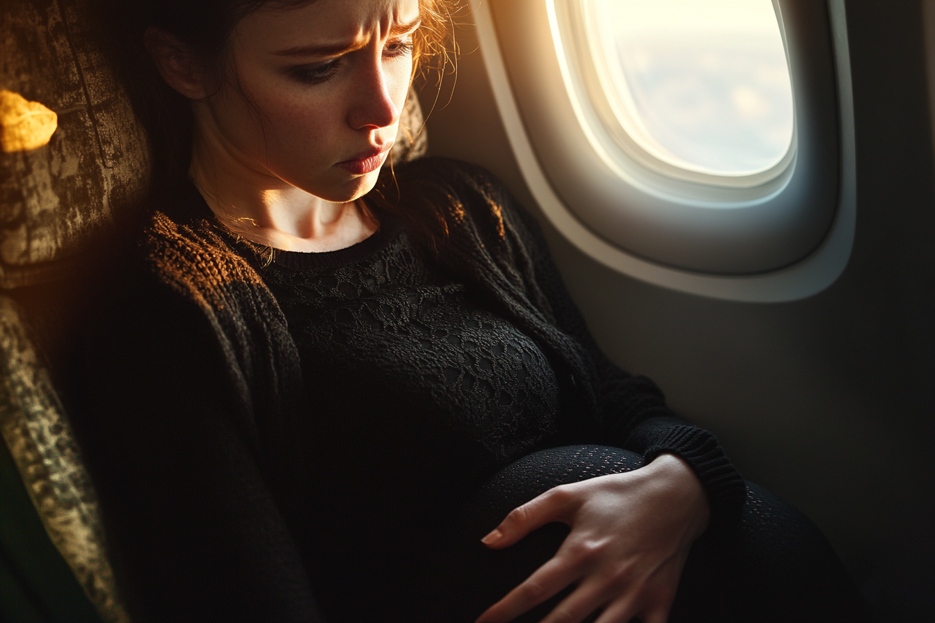 A sad pregnant woman sitting in an airplane | Source: Midjourney