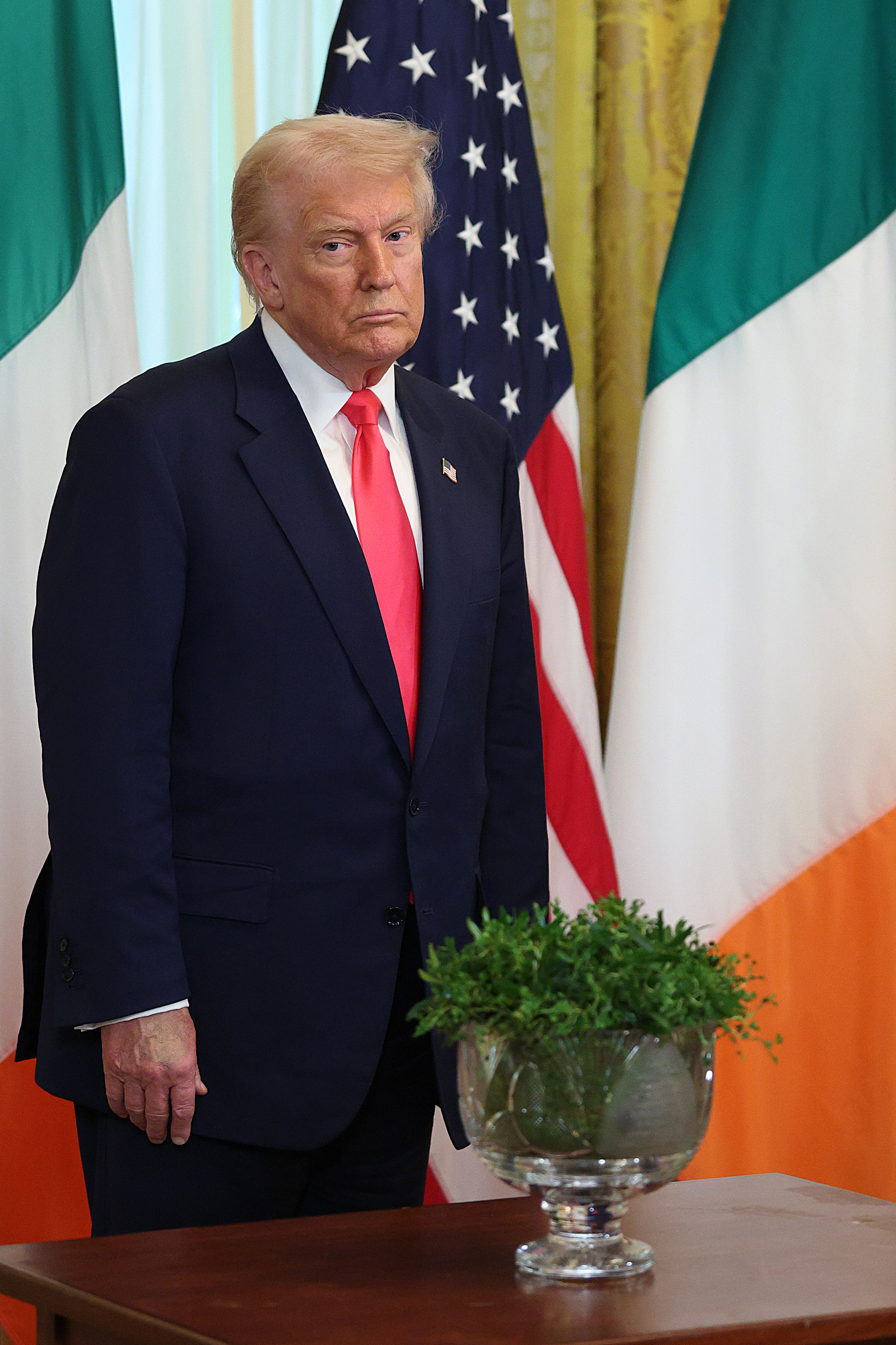 U.S President Donald Trump meets with Irish Taoiseach Micheál Martin and his wife Mary O'Shea during a St. Patrick’s Day event in the East Room of the White House on March 12, 2025, in Washington, D.C. | Source: Getty Images