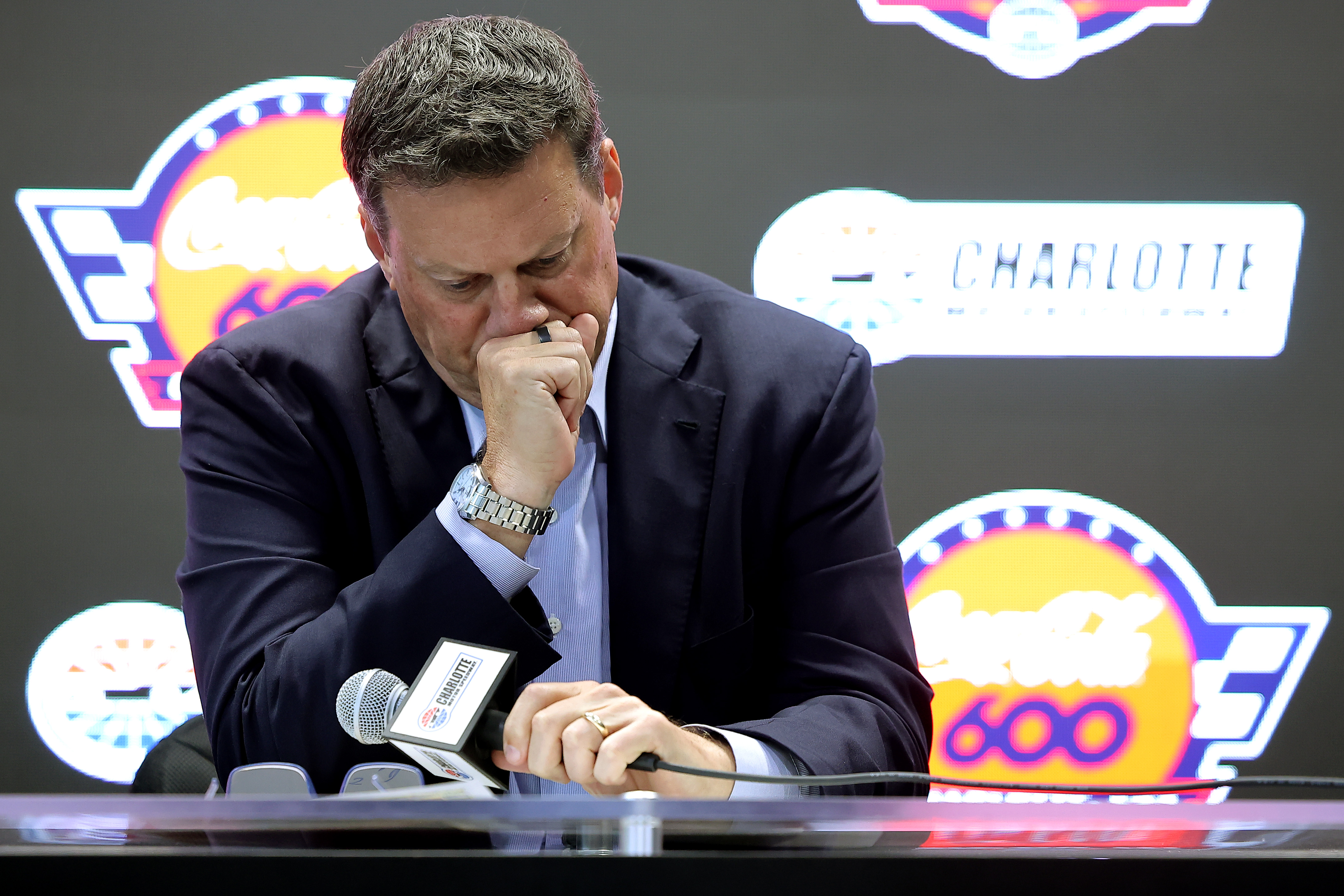NASCAR CEO Steve O'Donnell addresses the passing of Kyle Busch during a press conference in Concord, North Carolina on May 22, 2026. | Source: Getty Images