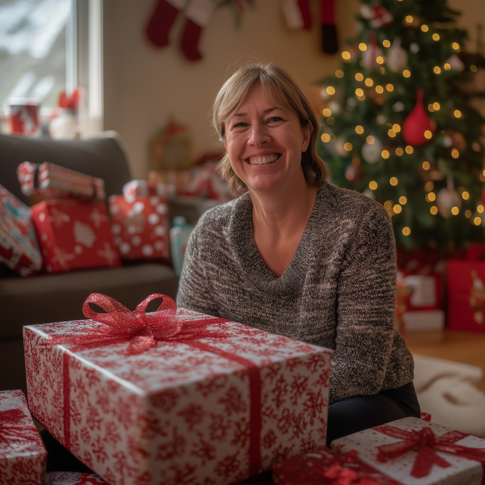 A woman gets happy and emotional while being surrounded by Christmas presents | Source: Midjourney